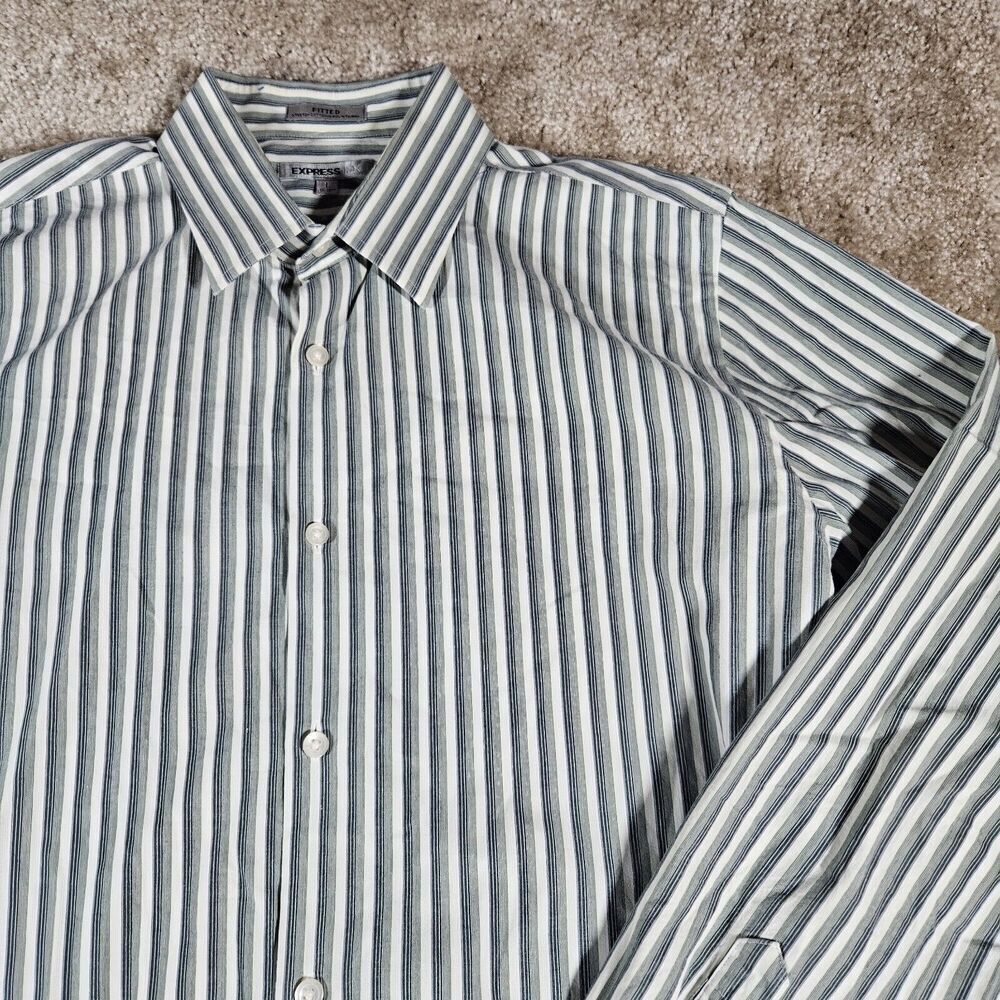 Express 1MX Shirt Mens Large White Green Button Up Modern Fit Stretch